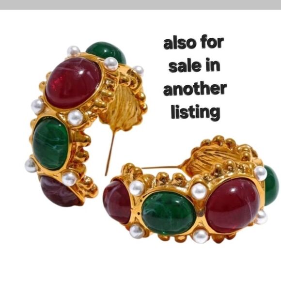 New ANTHRO 18k Gold C French Hoops with Red and Green Gems, Faux Pearls - Picture 12 of 12